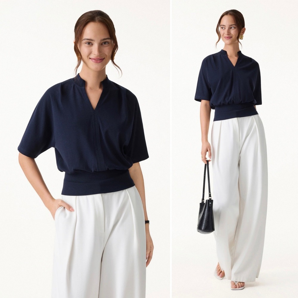 OGL Move Navy Stand Collar V-Neck Short Sleeve Top Navy M